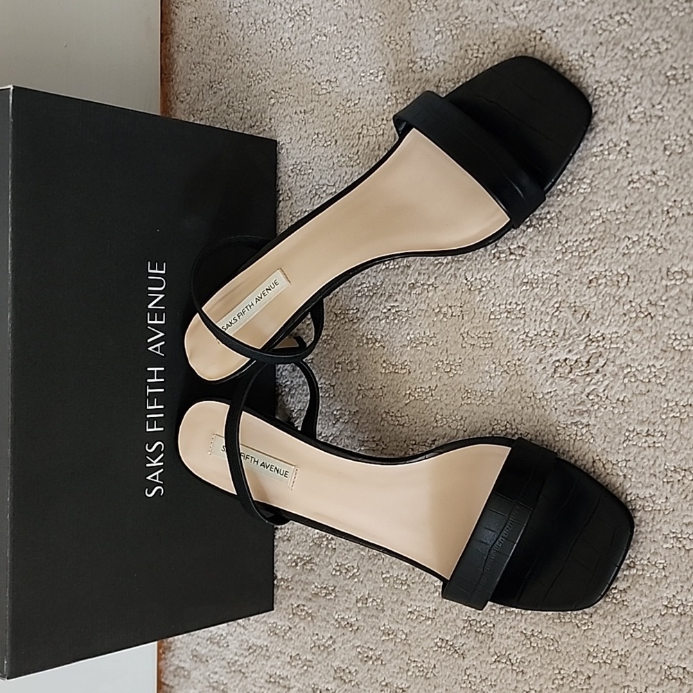 Saks Fifth Avenue black faux alligator leather heeled sandals.